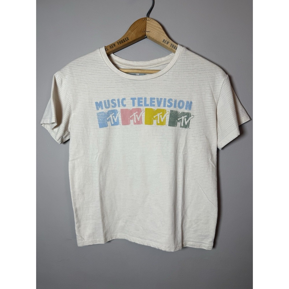 MTV Shirt Women's Small Short Sleeve White & pink stripes 90s Casual‎ Comfort